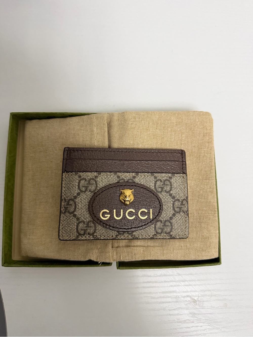 Gucci Brown GG Canvas Card Holder with Gold Emblem